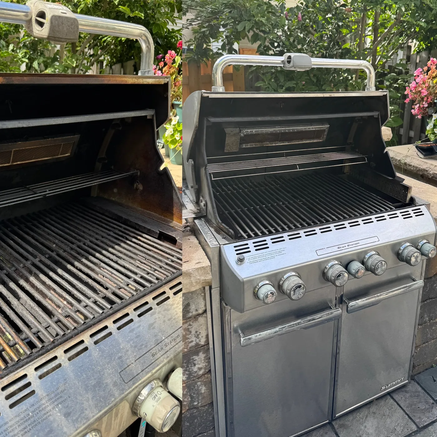 Grill before and after deep cleaning in Wheeling IL — grease and carbon removed, grates and exterior restored