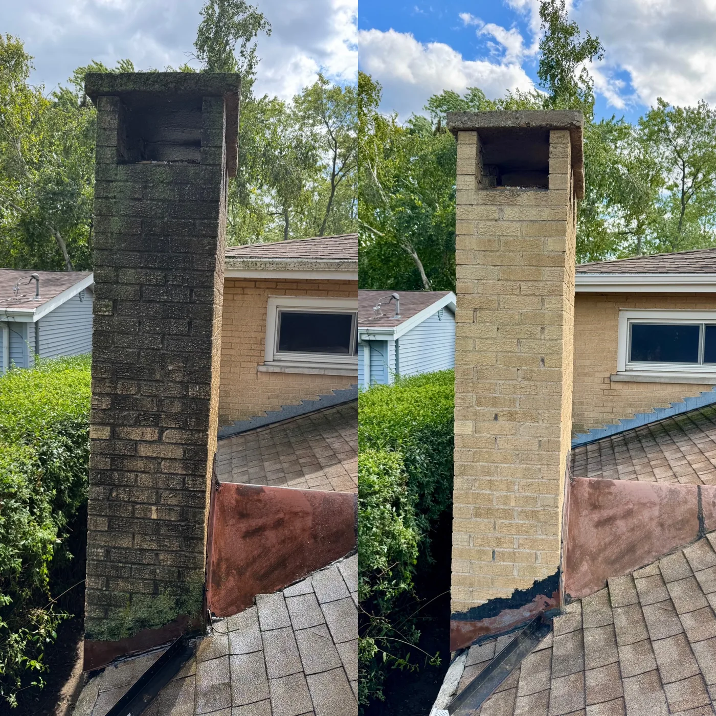 Before and after power washing moss and algae off a brick chimney in Wheeling IL