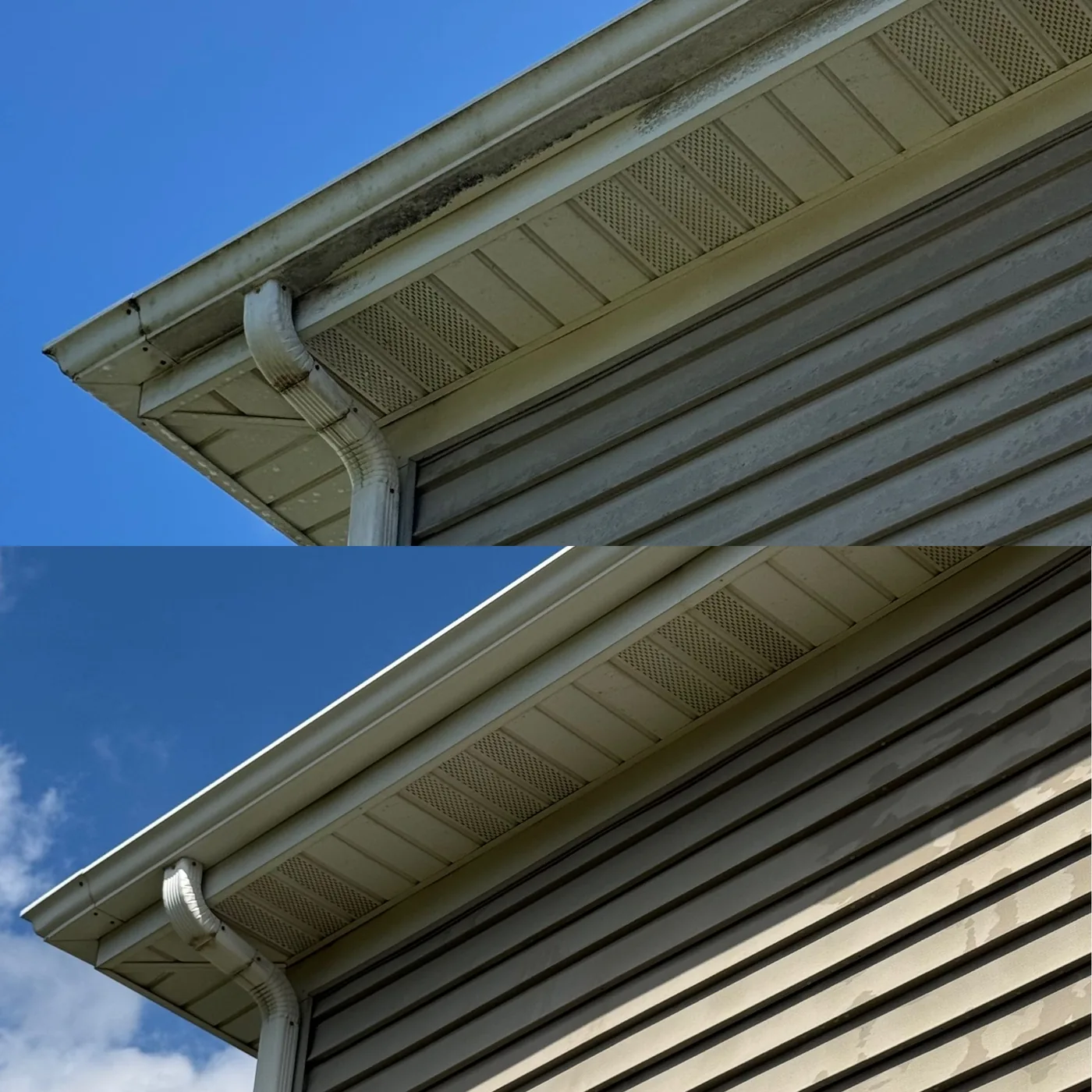 Before and after washing black streaks off gutters, soffit and fascia in Wheeling IL