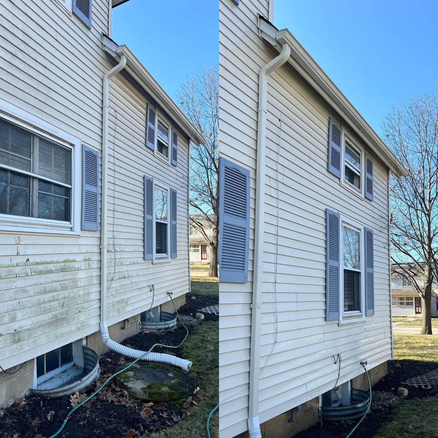 Before and after house washing removing green algae from vinyl siding in Wheeling IL