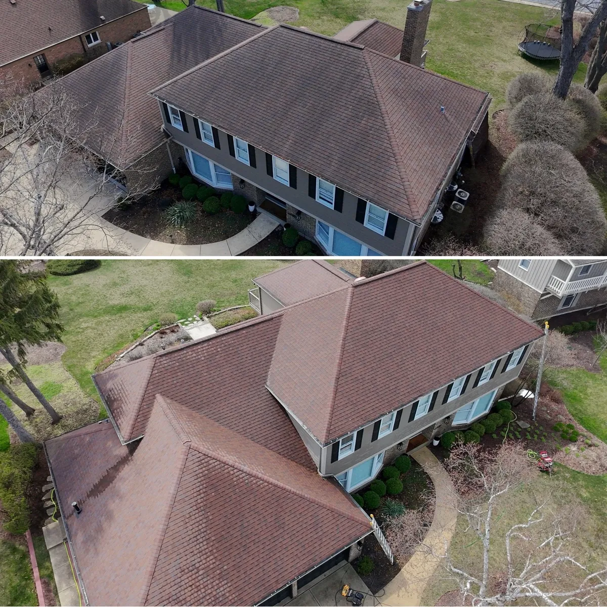 Asphalt shingle roof before and after soft wash cleaning in Wheeling IL — black streaks and algae removed