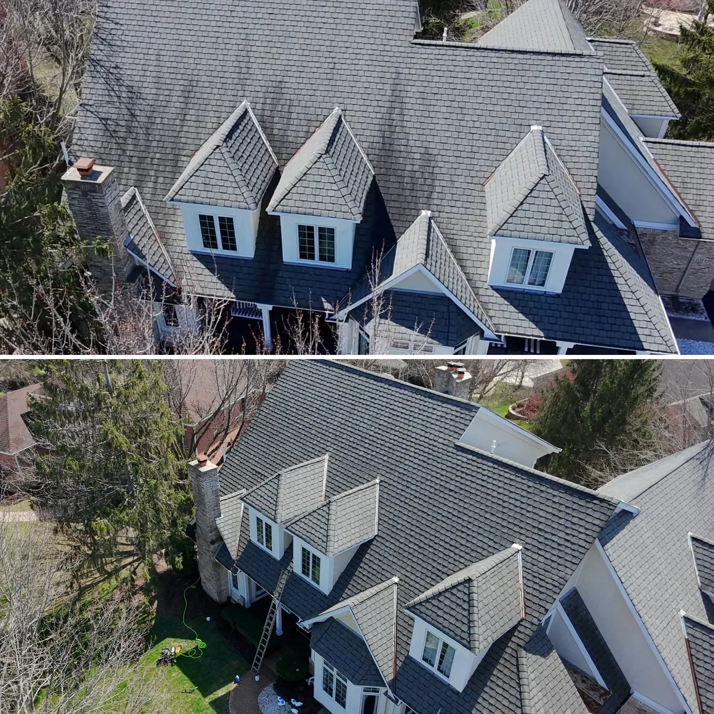 Full roof before and after soft wash cleaning in Wheeling IL — black streaks and stains removed from shingles