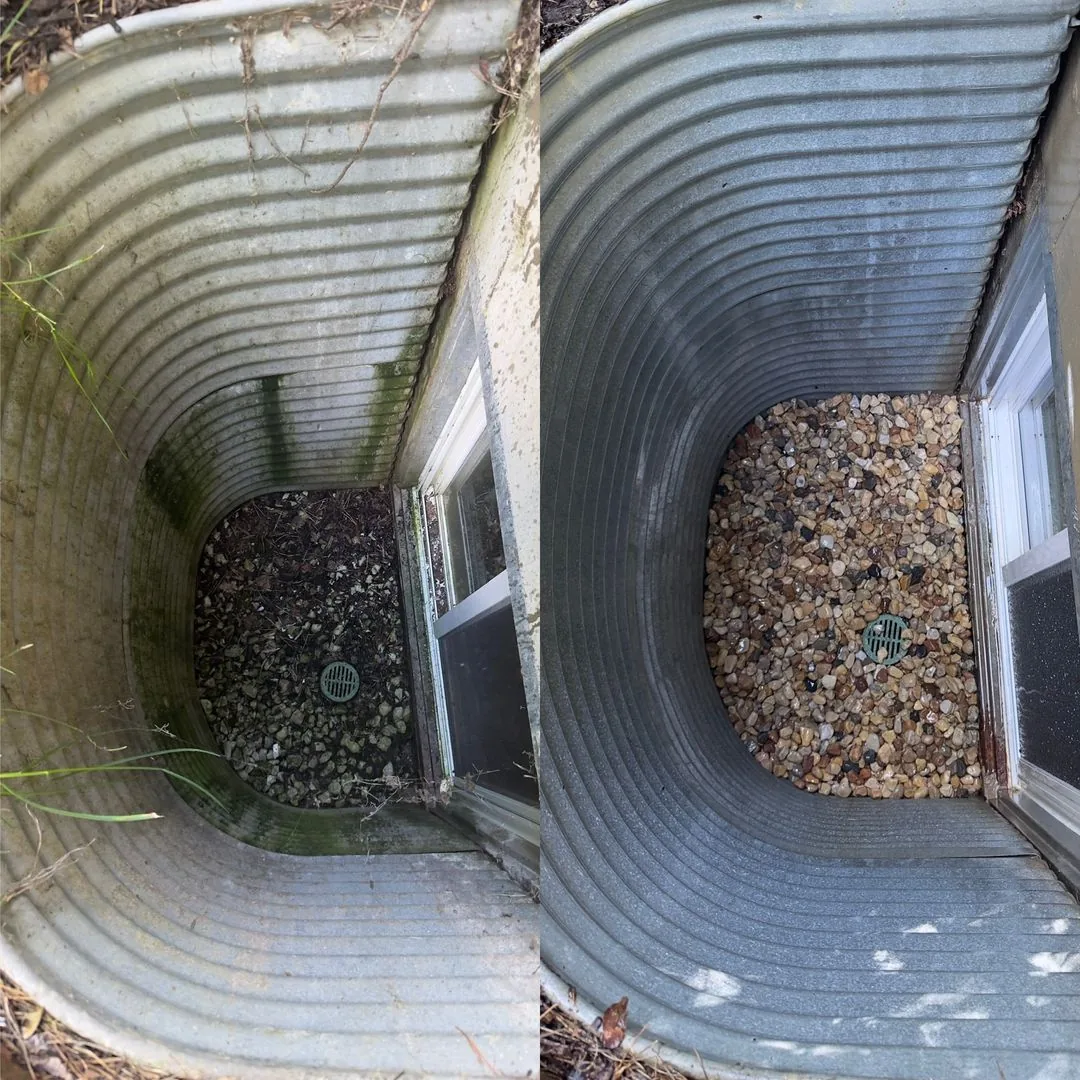 Window well before and after cleaning in Wheeling IL — algae and old debris removed, fresh drainage stone added