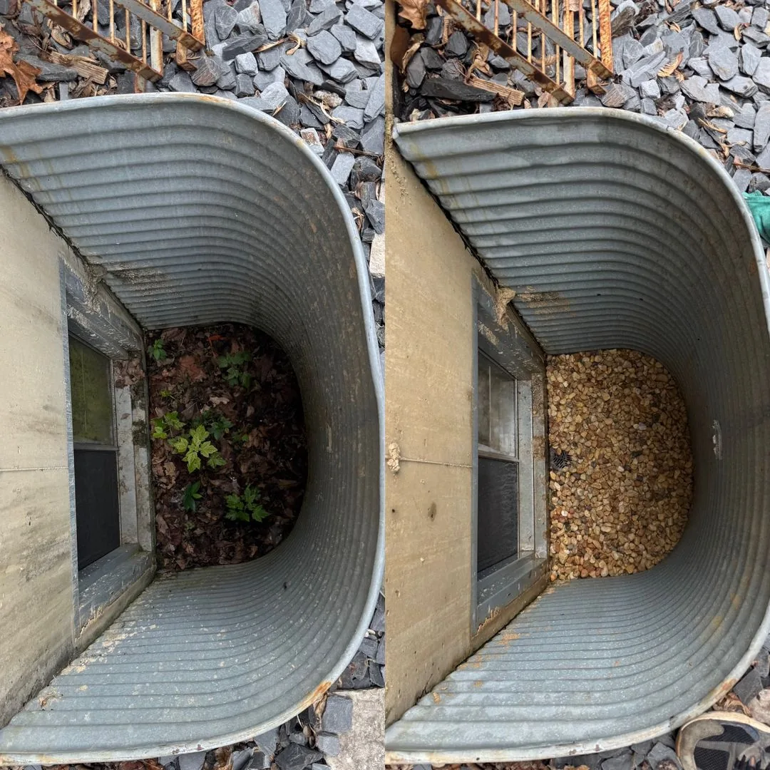 Window well before and after cleaning in Wheeling IL — weeds and leaves cleared out, fresh gravel added